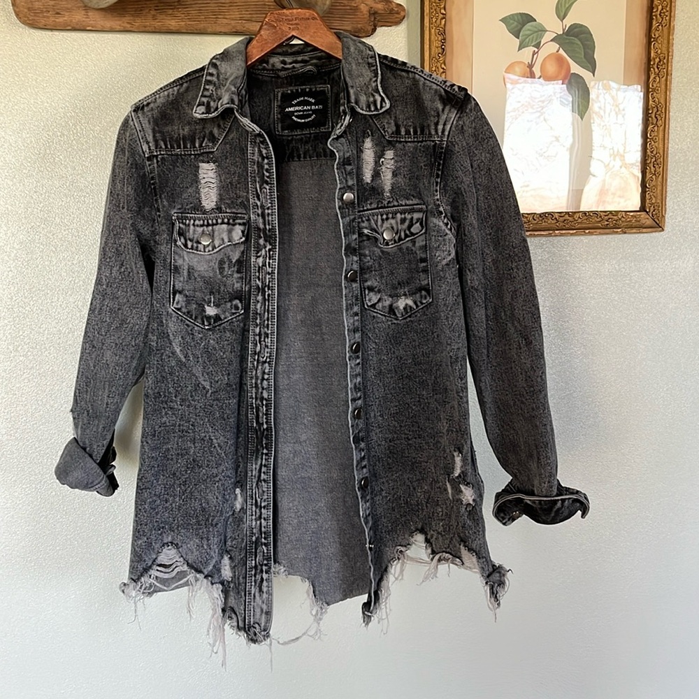 Distressed black denim jacket boho casual